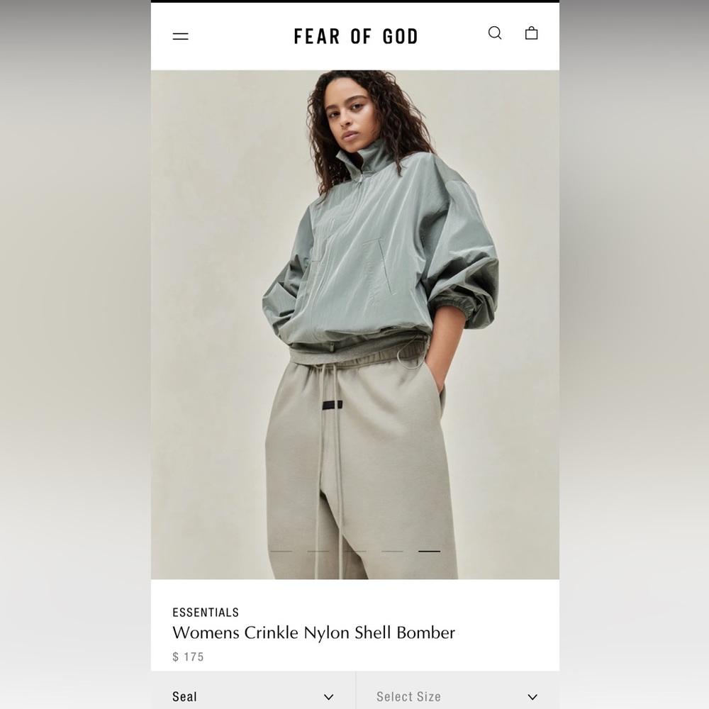 Fear of God Essentials Womens Crinkle Nylon Shell Bomber in Seal